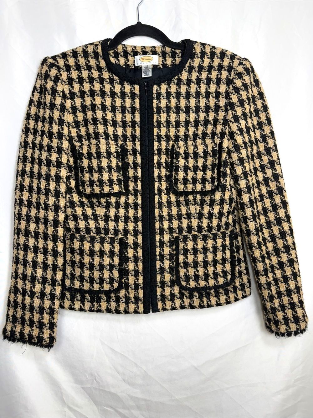 Talbots Black & Cream Houndstooth Tweed Collarless Jacket Petite 10